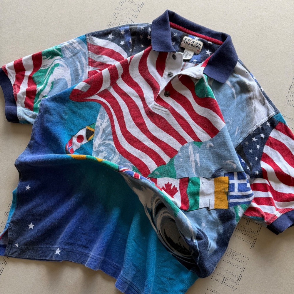 Vintage 90s Cotton Traders All Over Print World Flags USA Polo